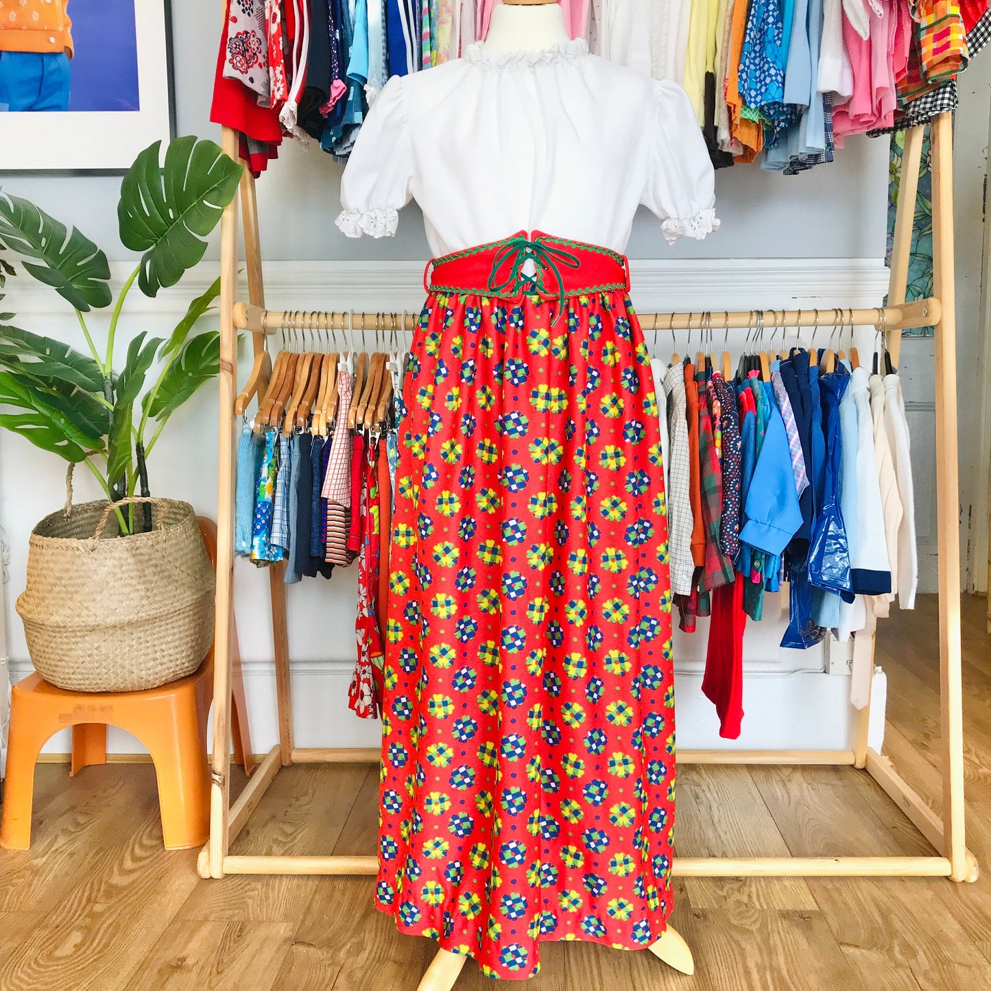 Vintage 1970's Red / White Printed Boho Folk Maxi Dress / 8-10Yrs
