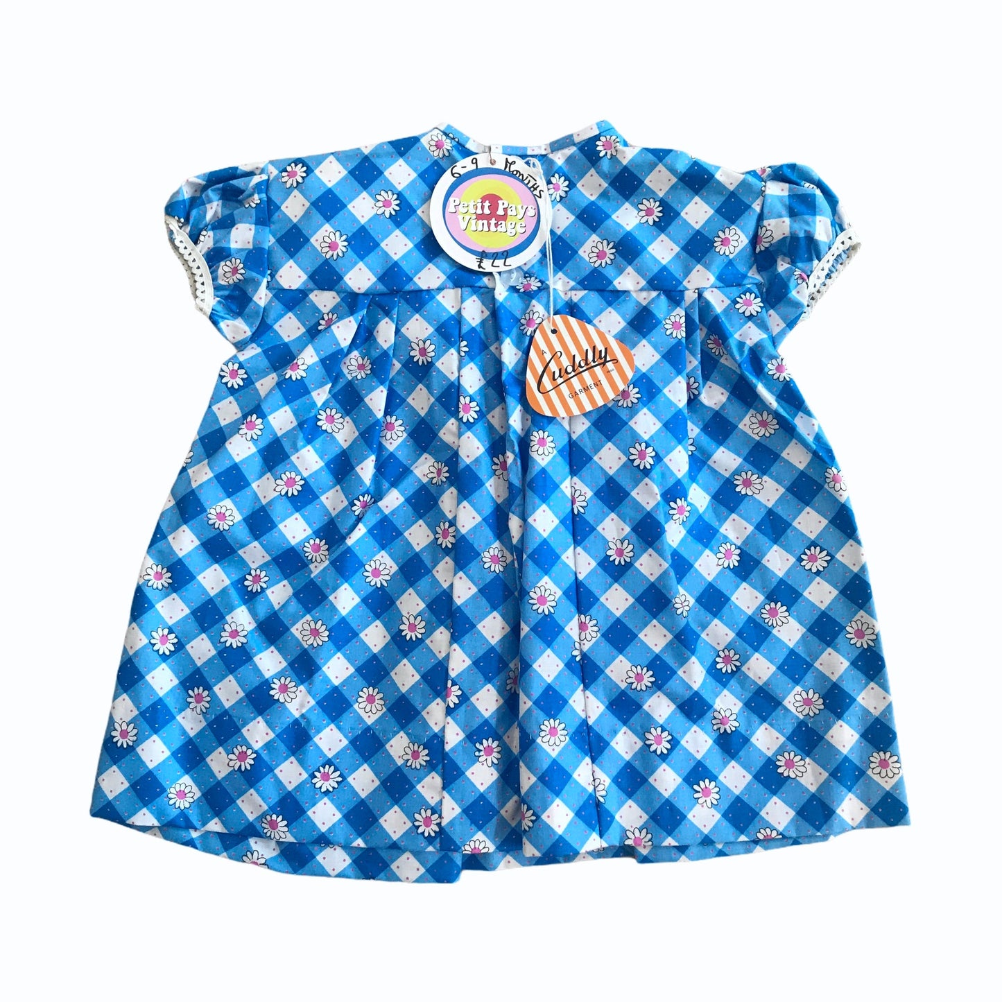 Vintage 60s Baby Blue Gingham /Floral  Dress British Made 6-9 Months