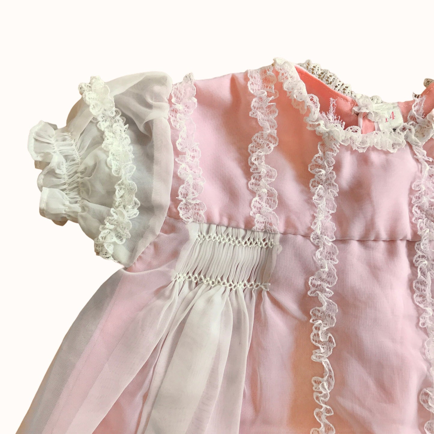 Vintage 60s Baby White/Pink Ruffle Sheer Dress British Made 6-9 Months