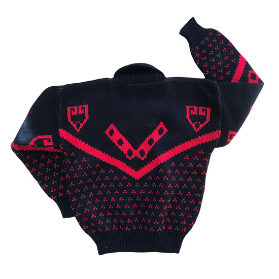 Vintage 1970's Red Black Shawl Jumper 5-6 Years