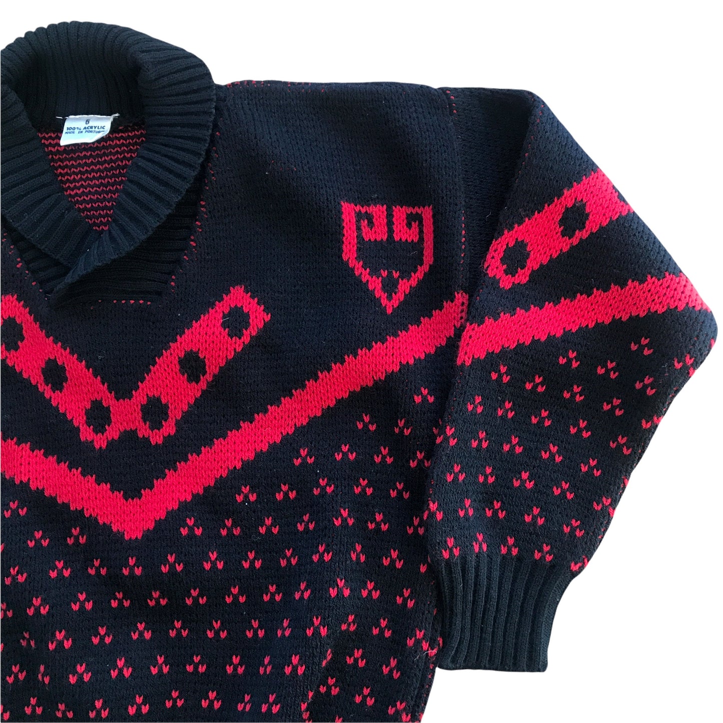 Vintage 1970's Red Black Shawl Jumper 5-6 Years
