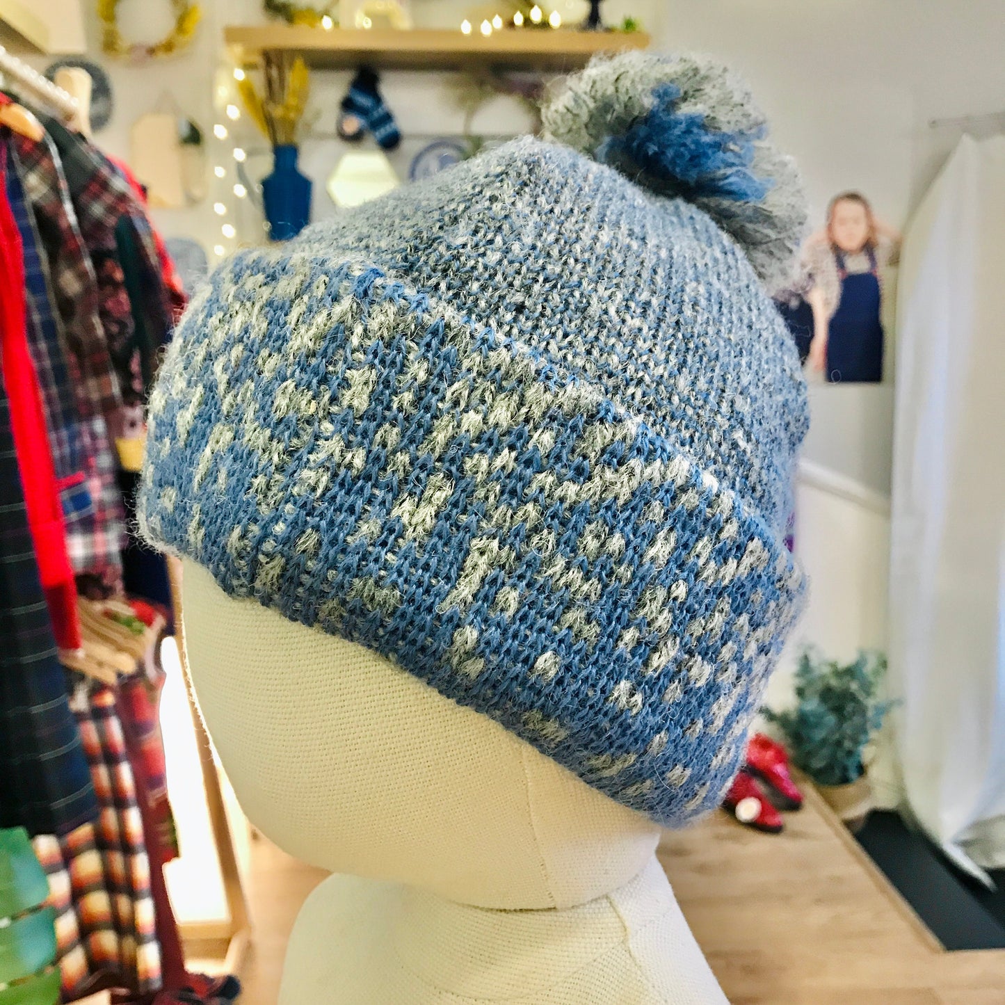 Vintage 70's Grey/Blue Knitted Pompom Hat 1-3Y