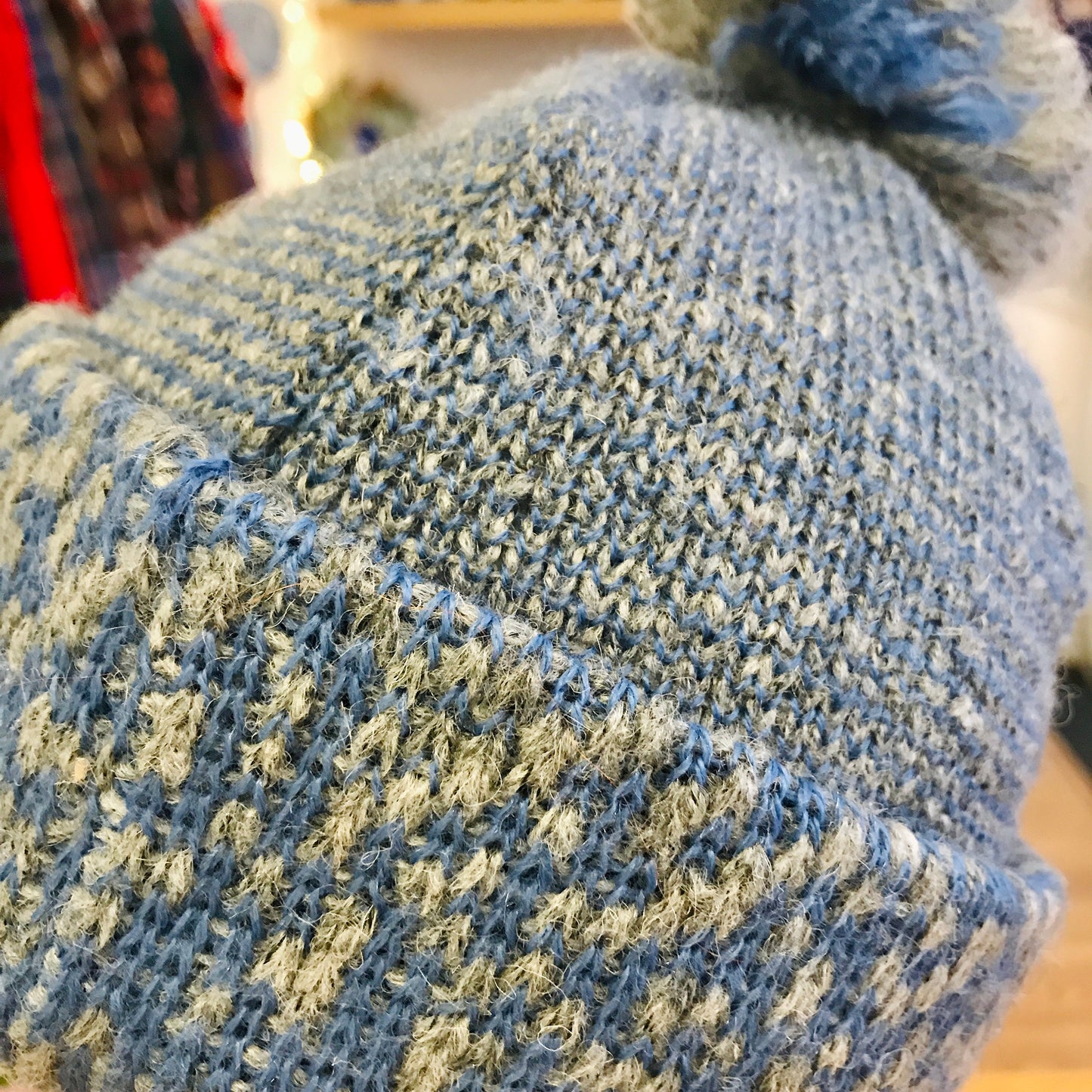 Vintage 70's Grey/Blue Knitted Pompom Hat 1-3Y