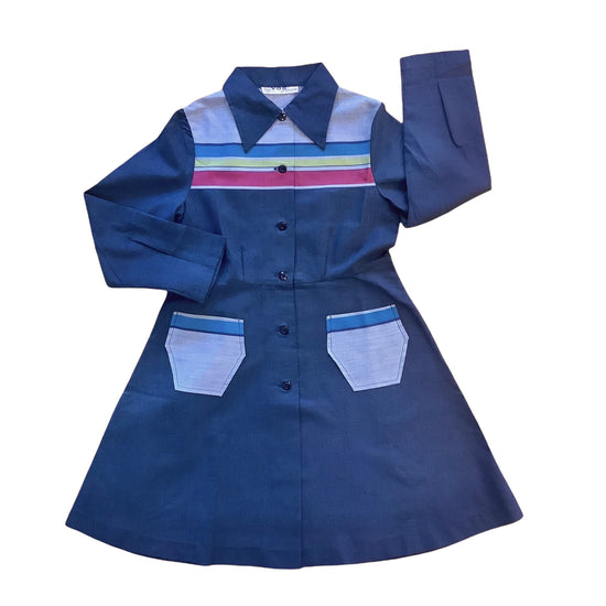 Vintage 70's Blue Dress / Blouse French Made 8-10 Y