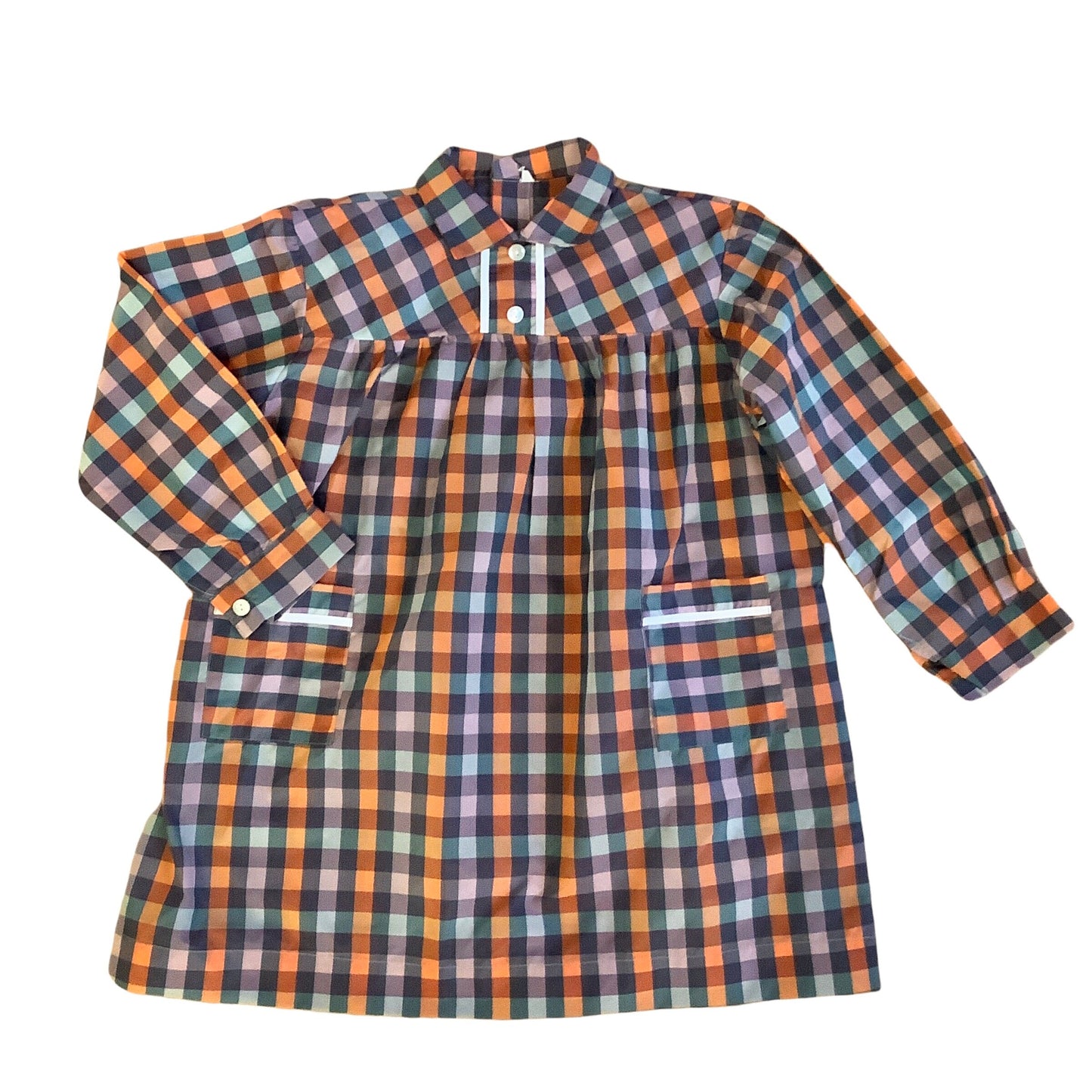 Vintage 1960s Green / Brown Check School Nylon Shirt / Blouse  8-10Y