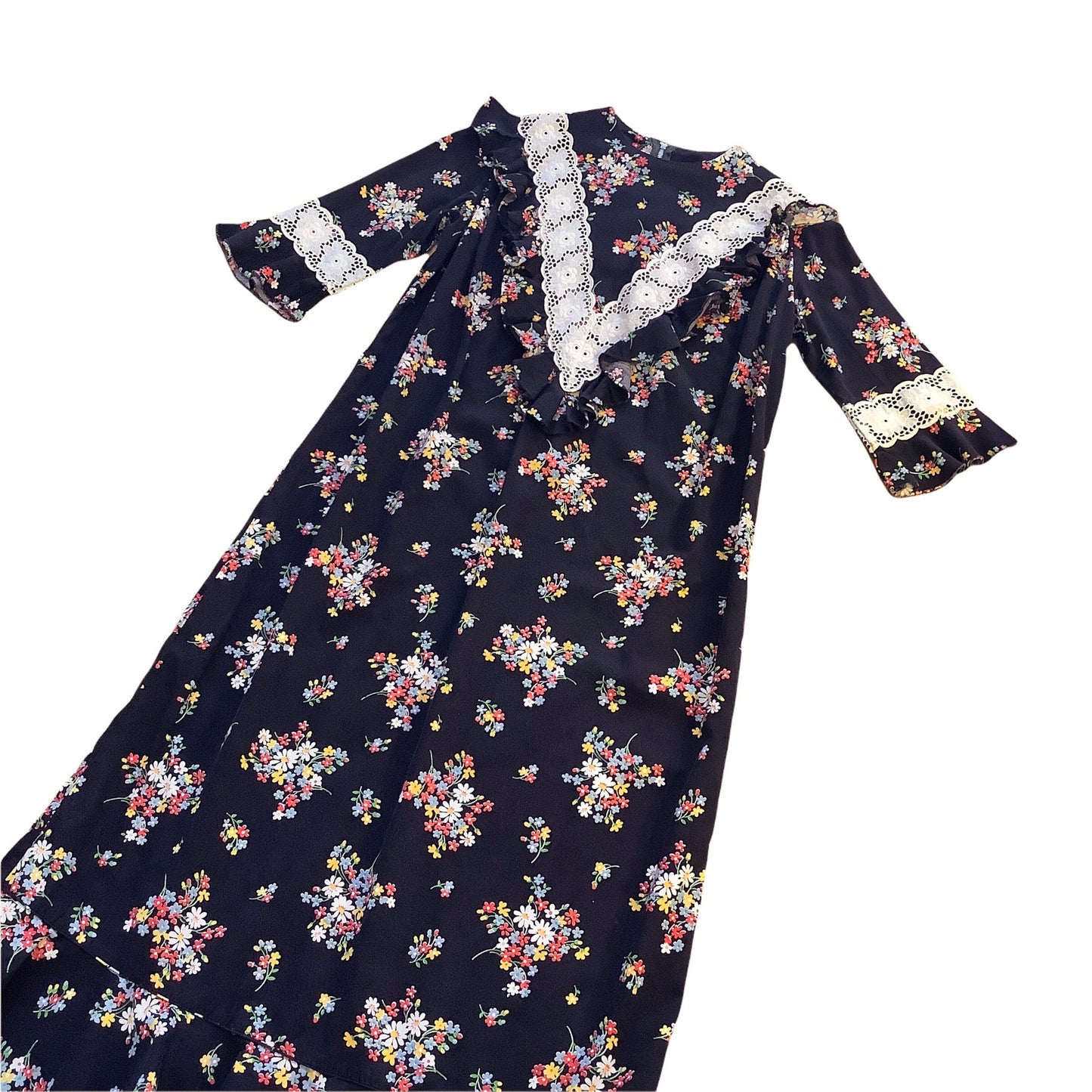 Vintage 1970's Black Floral Boho Prairie Dress / 12Yrs and over