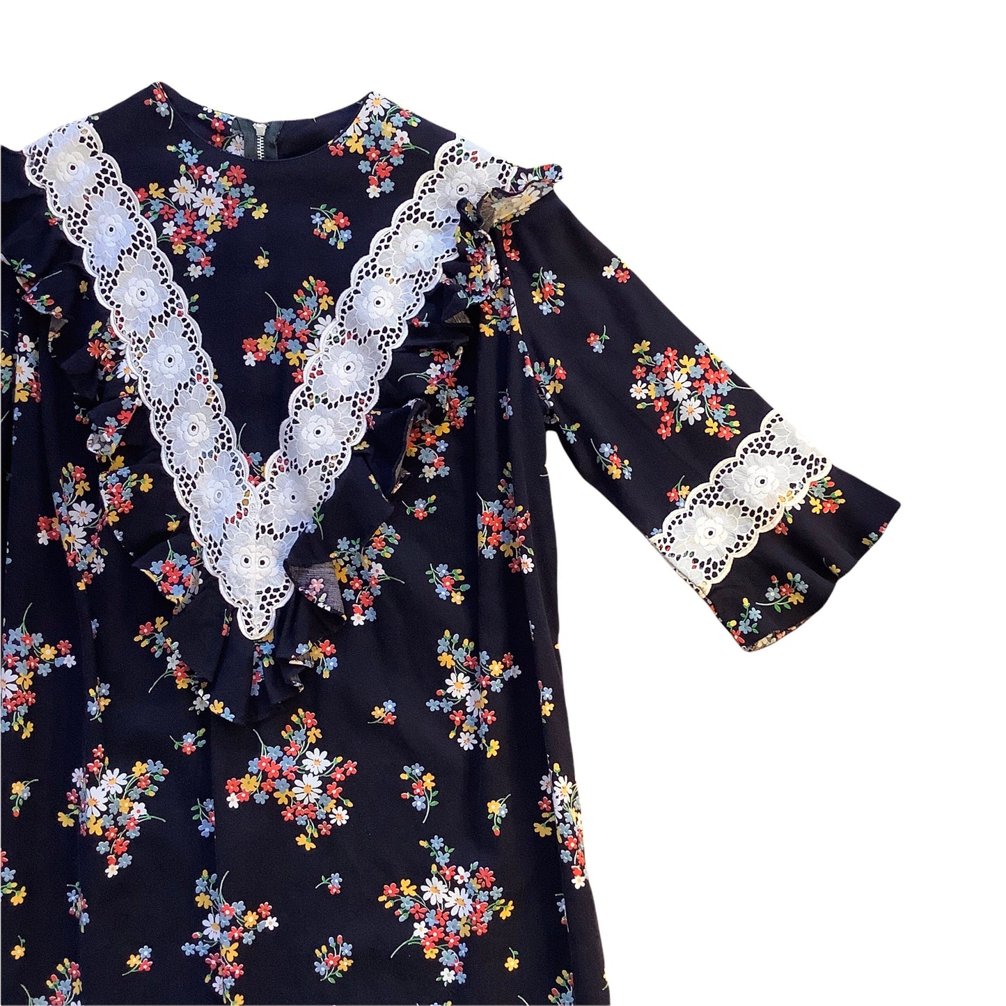 Vintage 1970's Black Floral Boho Prairie Dress / 12Yrs and over