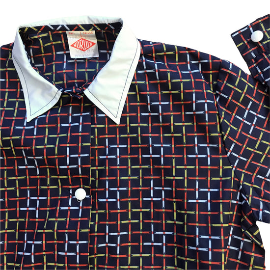 Load image into Gallery viewer, Vintage 1960s Navy Check School Nylon Shirt / Blouse  8-10Y
