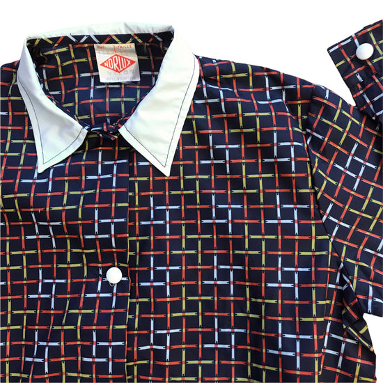 Vintage 1960s Navy Check School Nylon Shirt / Blouse  8-10Y