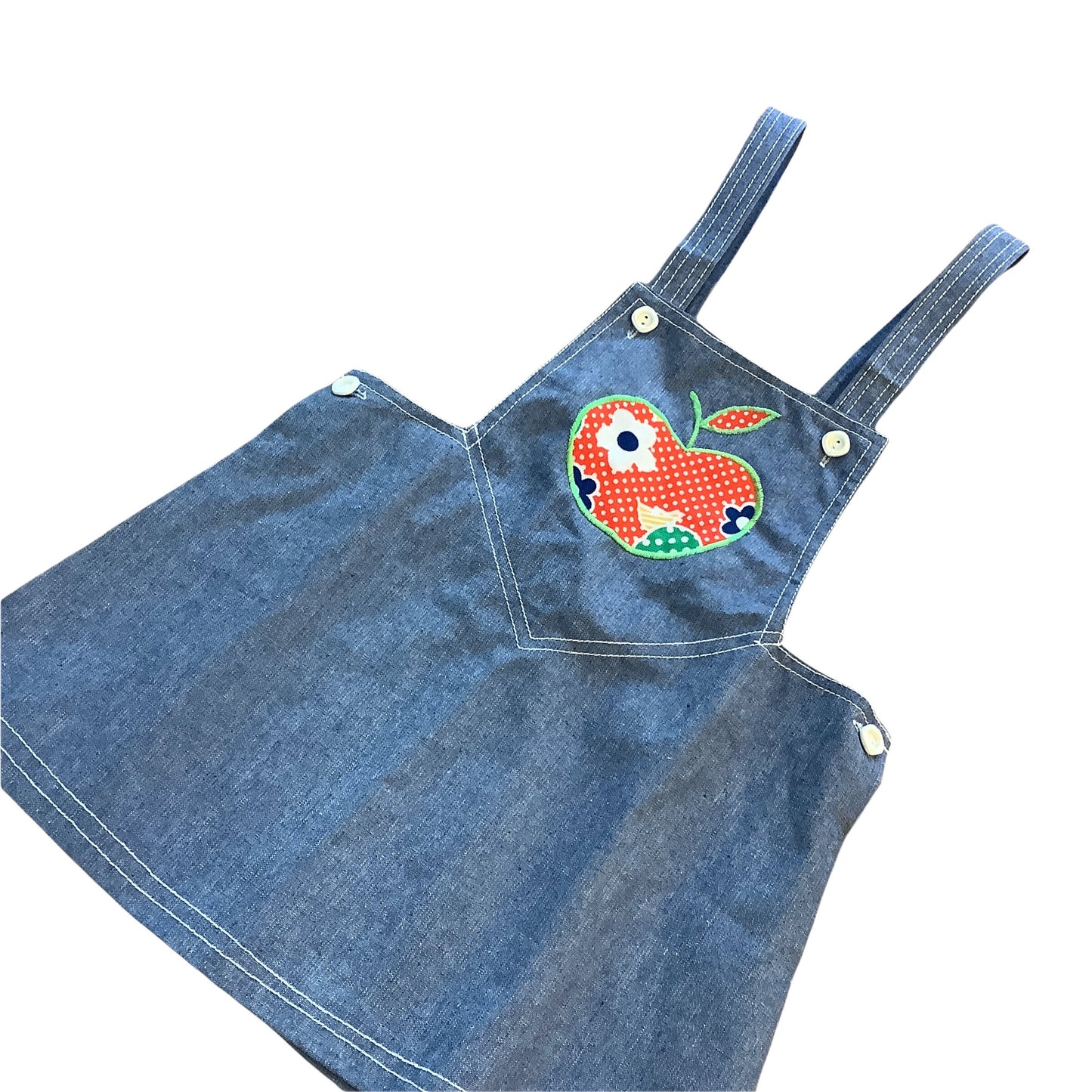 Vintage 60's Scandi Style Apple Applique Pinafore Denim  2-3, 3-4Y