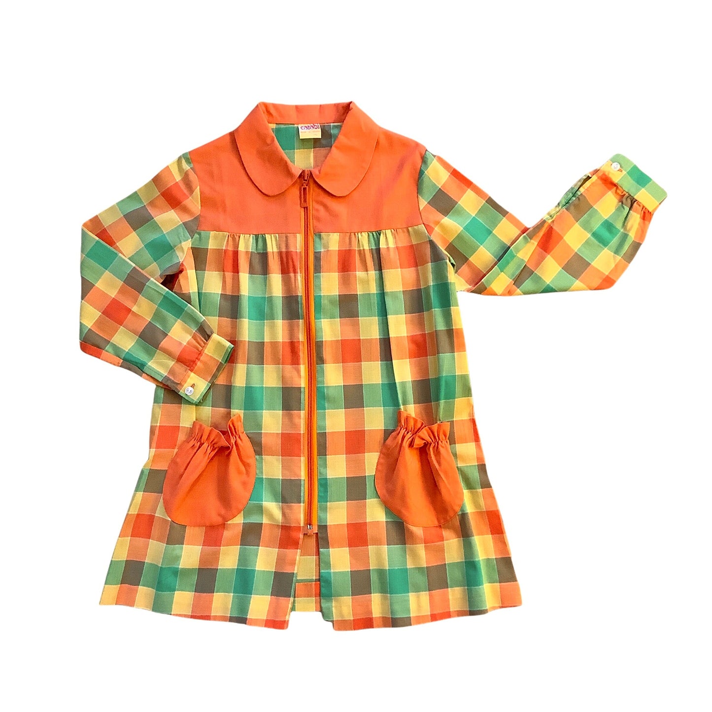 Vintage 1970's Check Green / Orange Dress / Blouse / 10-12Y