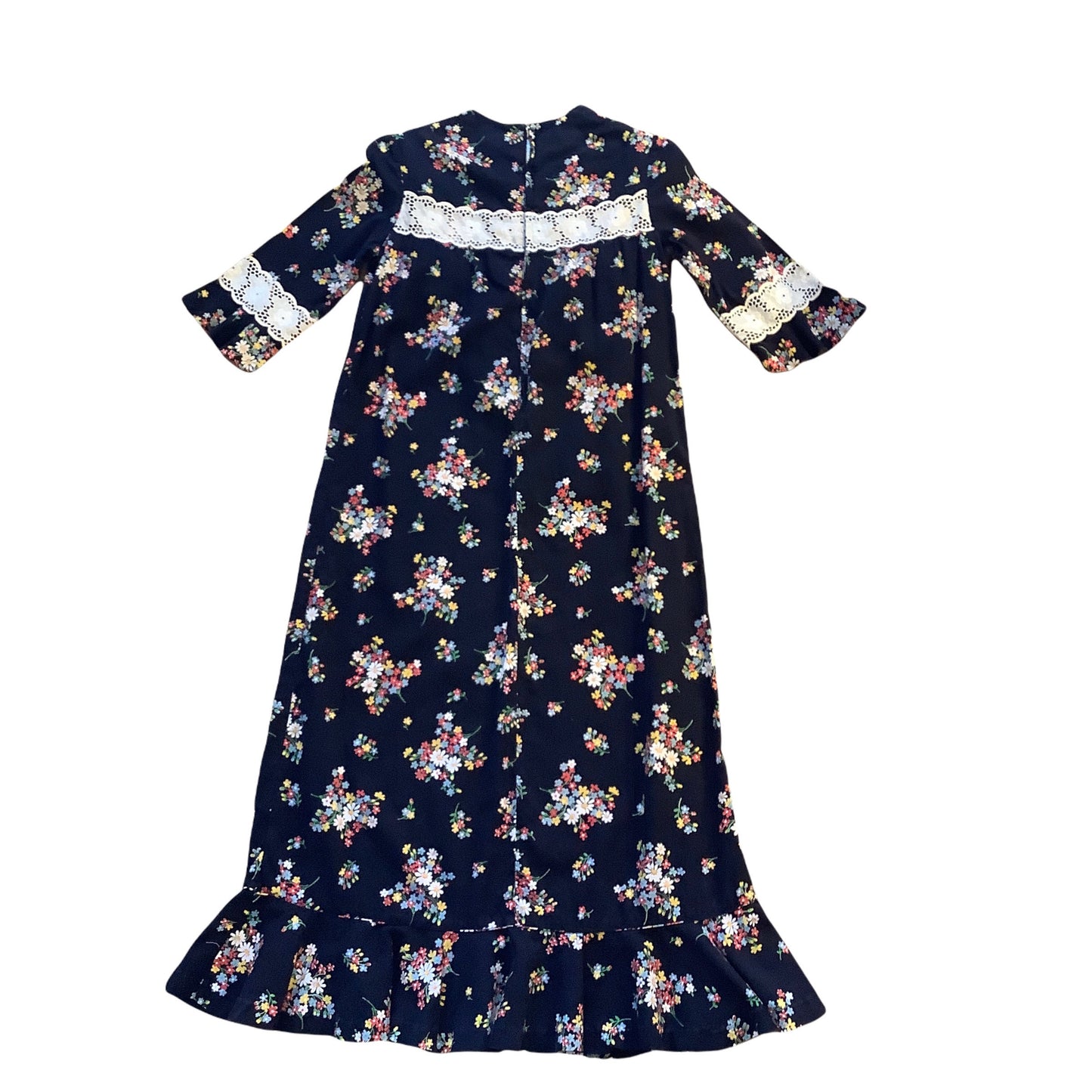 Vintage 1970's Black Floral Boho Prairie Dress / 12Yrs and over