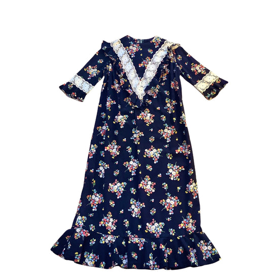 Vintage 1970's Black Floral Boho Prairie Dress / 12Yrs and over