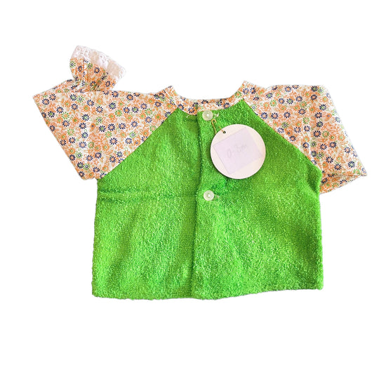 Vintage 70's Green Terry Towel Floral  Baby Shirt / Blouse / 0-3 Months