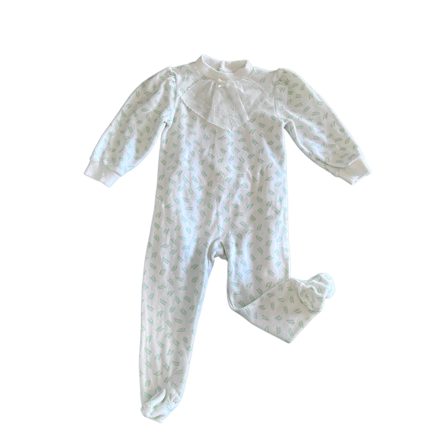 Vintage 70's White "Leafy"  Terry/Velvety  Bodysuit / Footie / 3-6M