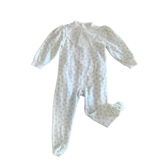 Vintage 70's White "Leafy"  Terry/Velvety  Bodysuit / Footie / 3-6M