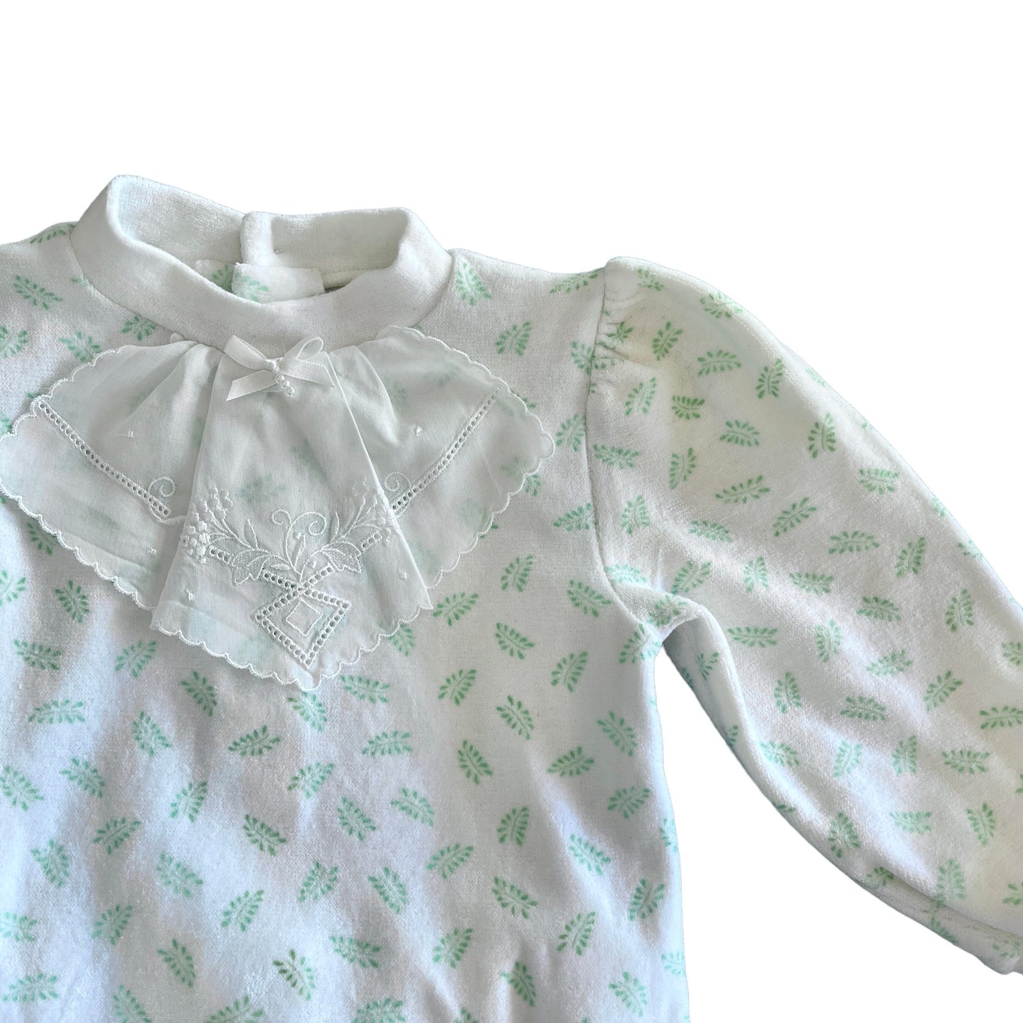 Vintage 70's White "Leafy"  Terry/Velvety  Bodysuit / Footie / 3-6M