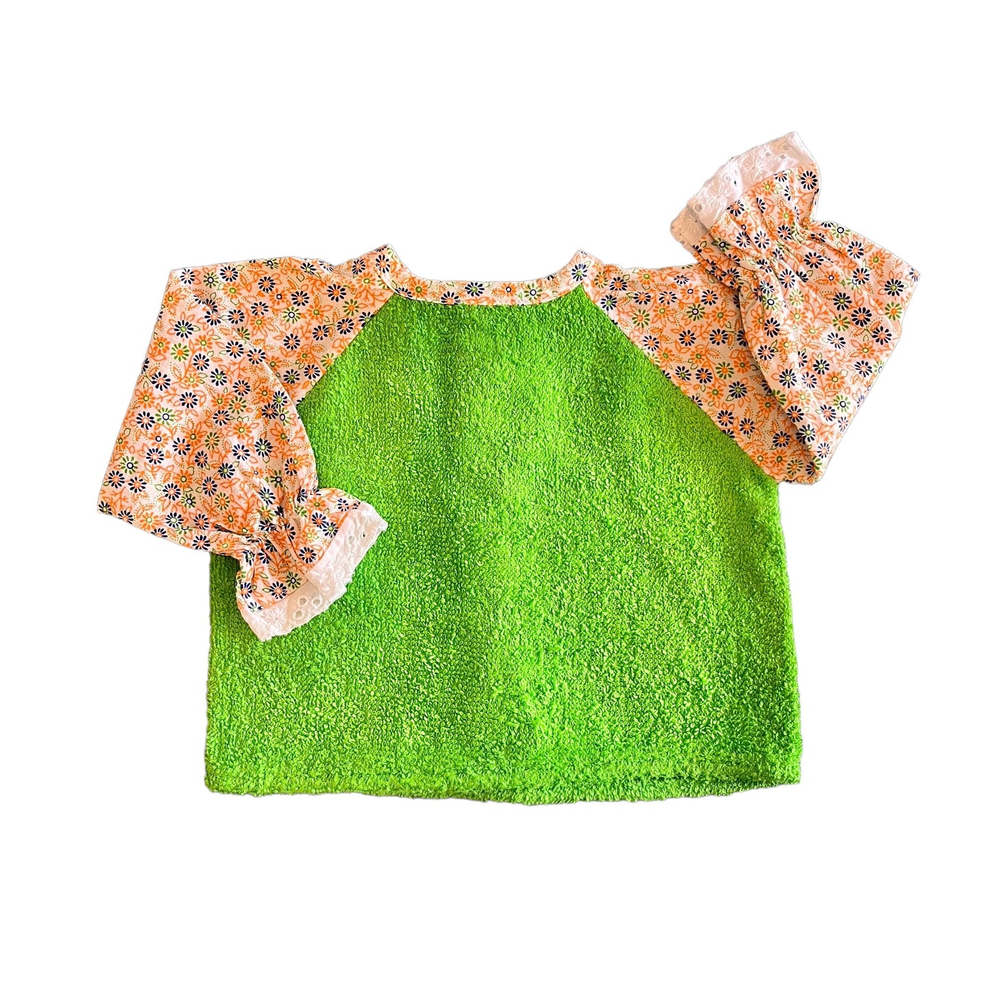 Vintage 70's Green Terry Towel Floral  Baby Shirt / Blouse / 0-3 Months