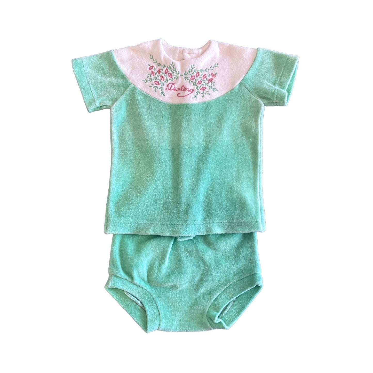Vintage 70's Green/White Velvety Top and Bottoms  Set / 3-6M