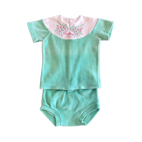 Vintage 70's Green/White Velvety Top and Bottoms  Set / 3-6M
