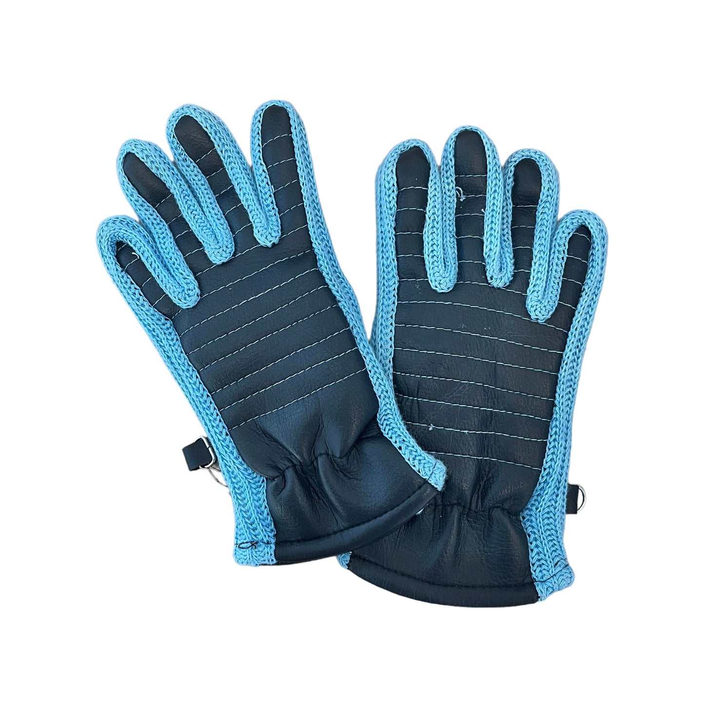 Vintage Lined 70s Black / Blue Faux-Leather Gloves 6-8 Y