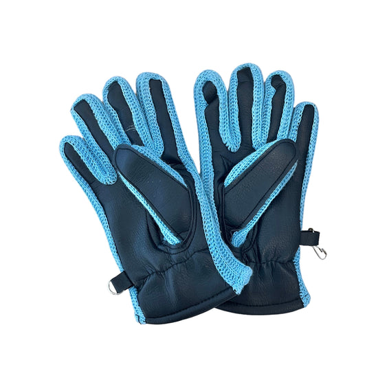 Vintage Lined 70s Black / Blue Faux-Leather Gloves 6-8 Y