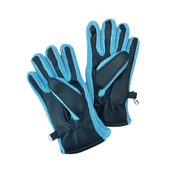 Vintage Lined 70s Black / Blue Faux-Leather Gloves 6-8 Y