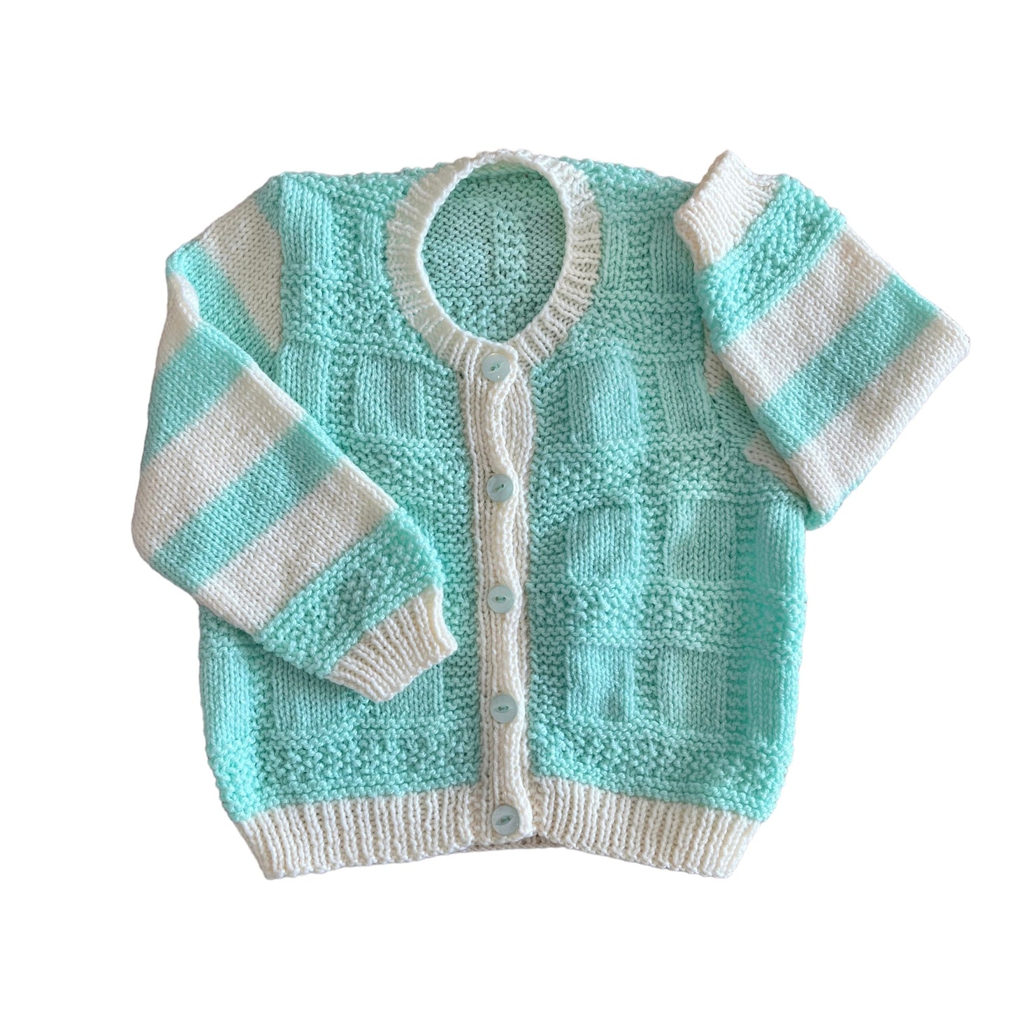 Vintage 70's White / Green Hand Knitted Cardigan 18-24 Months
