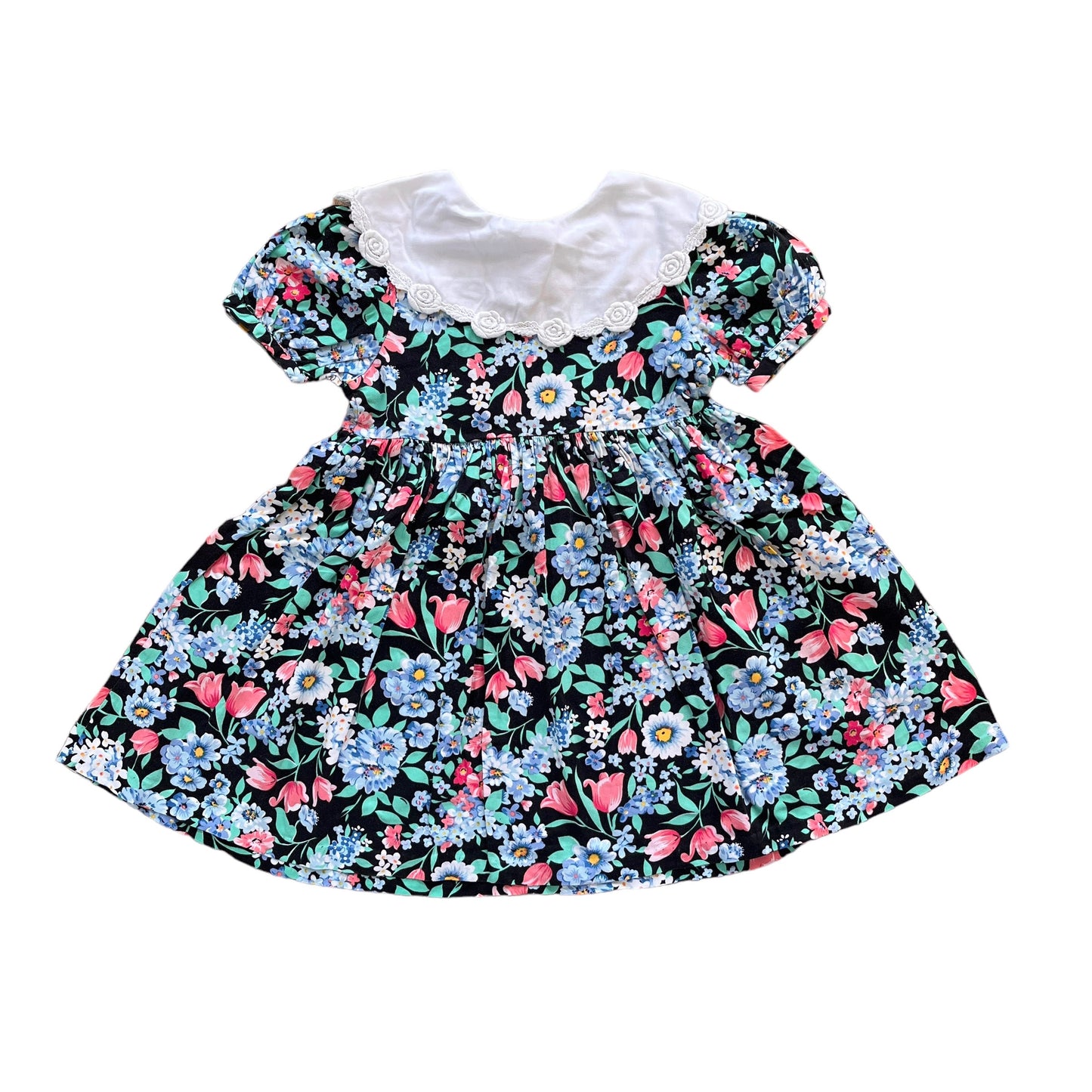 Vintage 80's Black Floral Printed Maxi Collar Dress 3-4Y