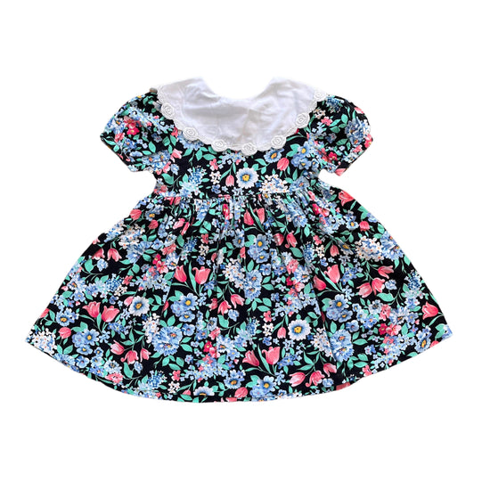 Vintage 80's Black Floral Printed Maxi Collar Dress 3-4Y