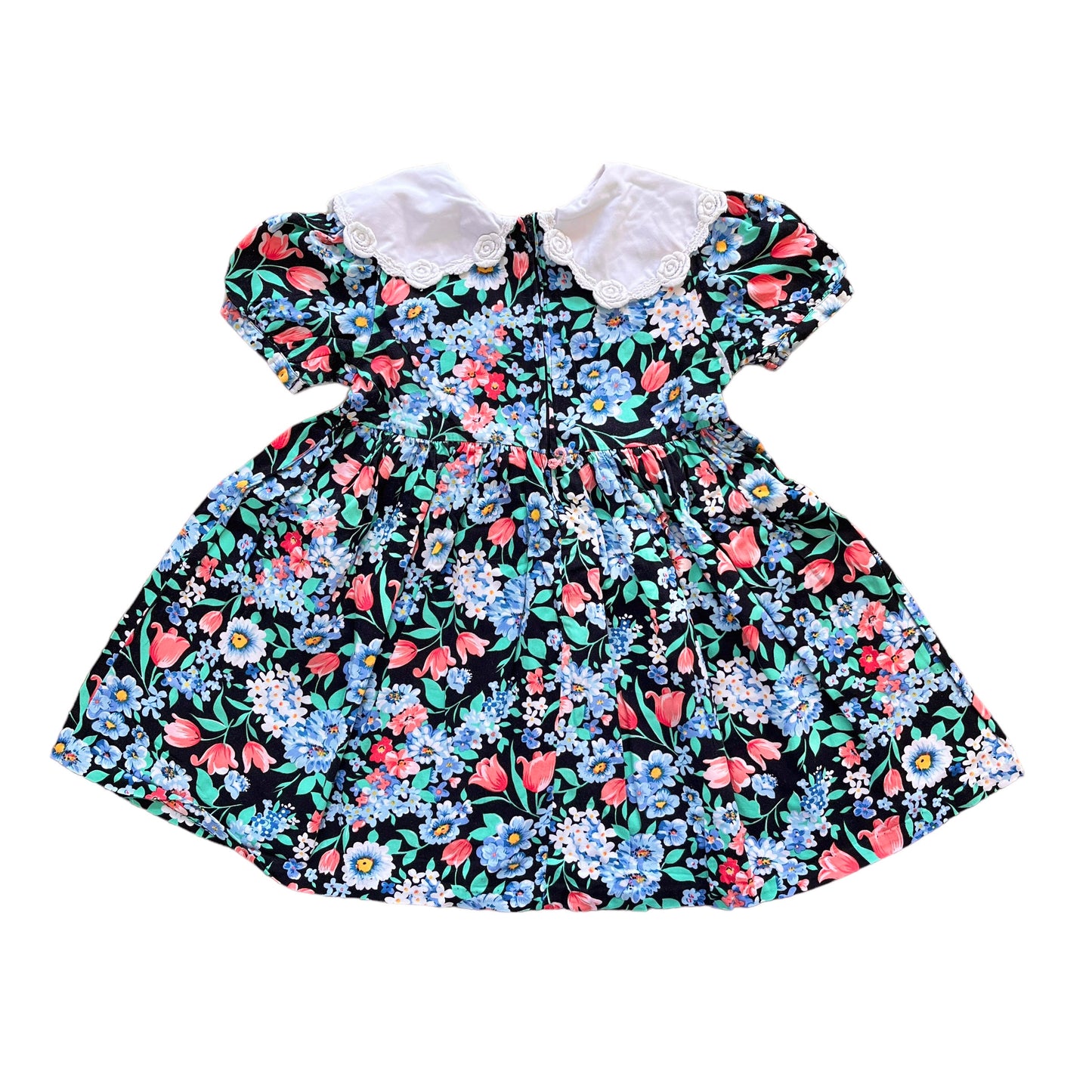 Vintage 80's Black Floral Printed Maxi Collar Dress 3-4Y