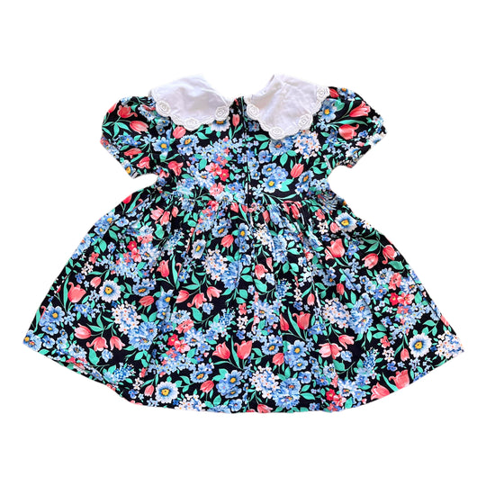 Vintage 80's Black Floral Printed Maxi Collar Dress 3-4Y