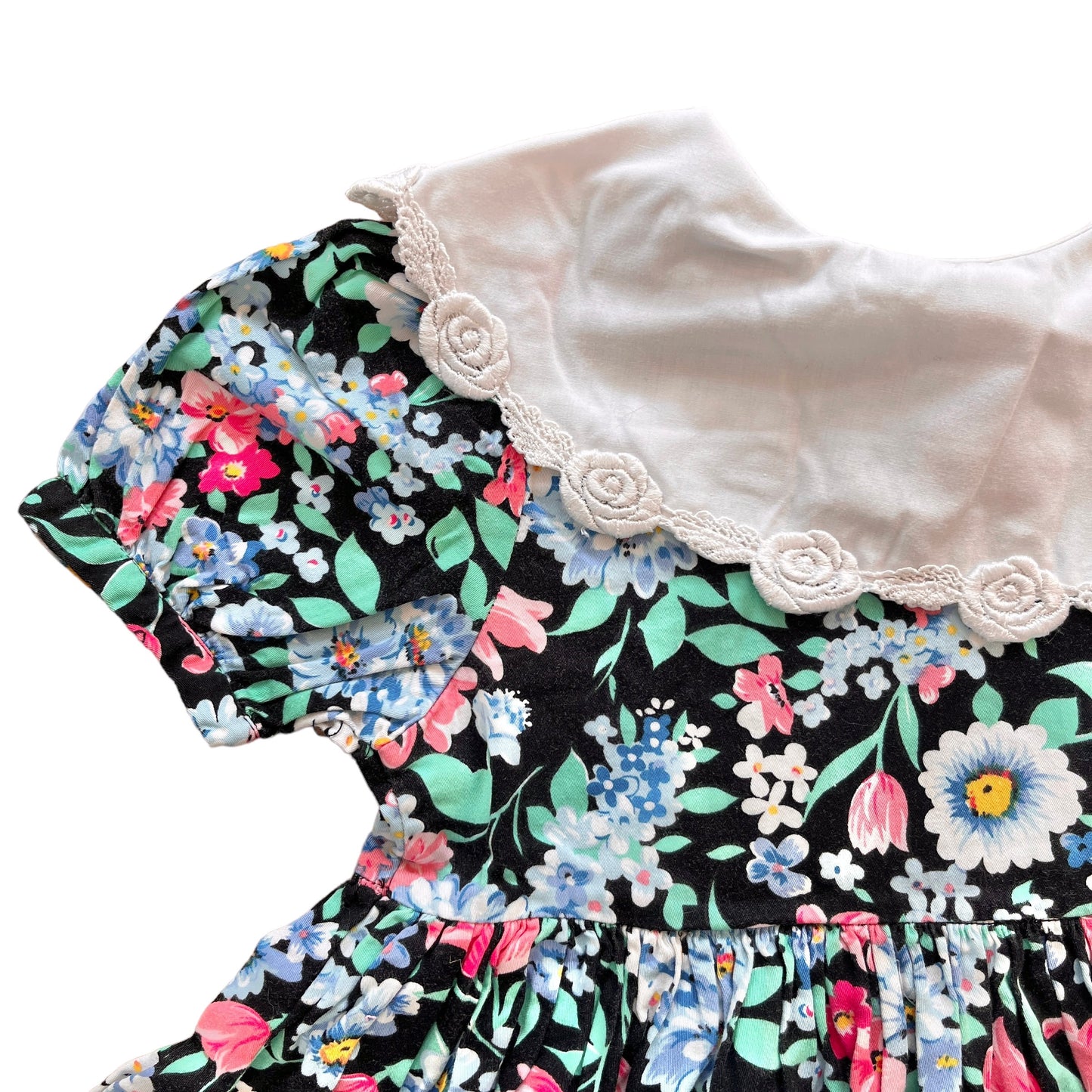 Vintage 80's Black Floral Printed Maxi Collar Dress 3-4Y