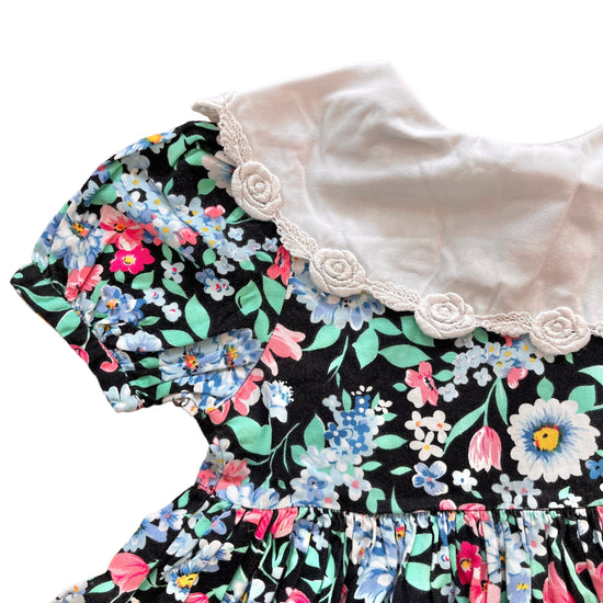 Vintage 80's Black Floral Printed Maxi Collar Dress 3-4Y