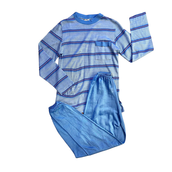70s Striped Blue Top And Bottoms / Pj Set / 8-10Y