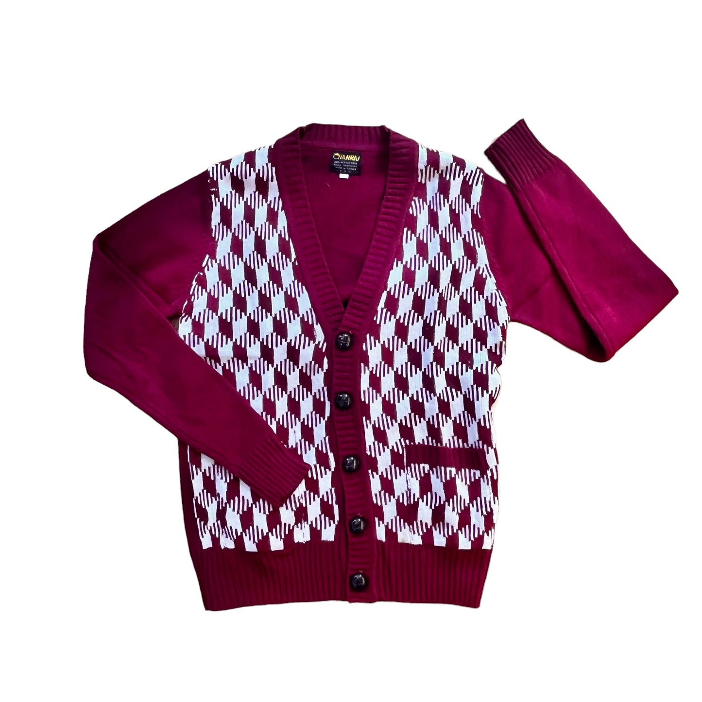 Vintage 1970's Dark Red Houndstooth Cardigan / Teen / Small