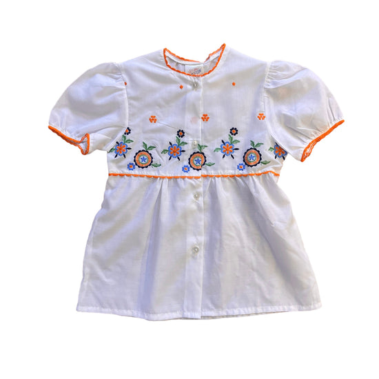 1970s White/Orange Embroidered Boho Folk Top 8-10Y